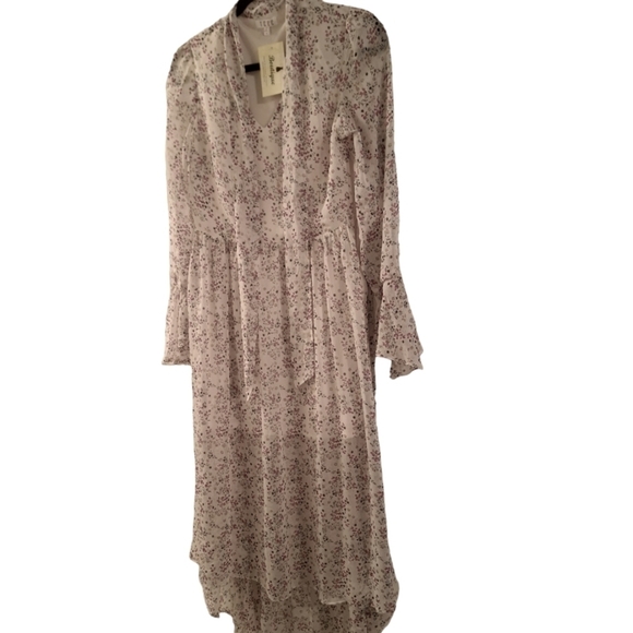 Romantic bohemian tiny floral chiffon sleeves summer dress lined hi low hem S - Picture 1 of 16